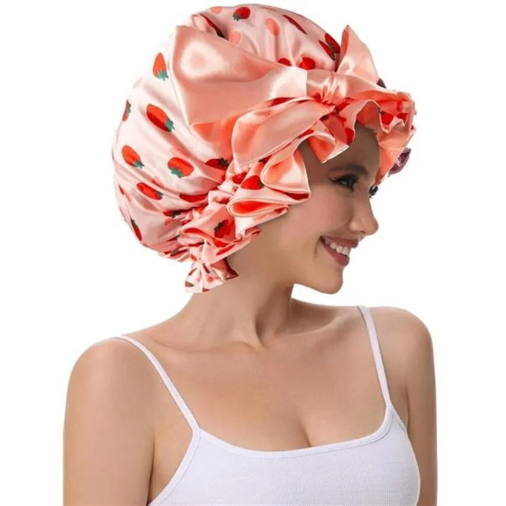 Strawberry Satin Sleep Bonnet – Adjustable Ruffle Cap with Oversized Bow